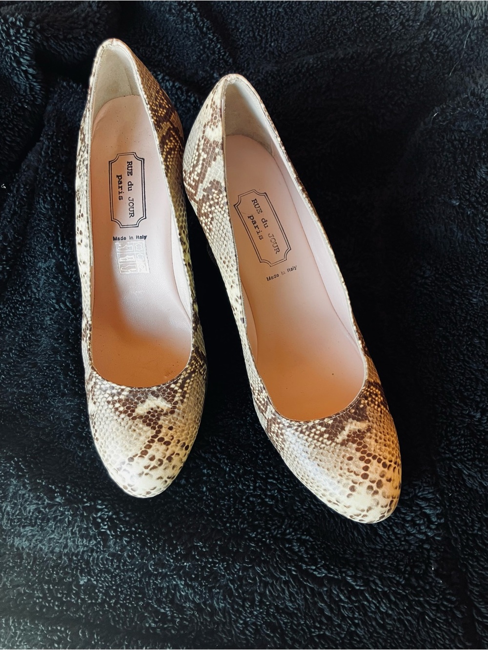 Rue Du Jour Paris Snakeskin Pumps in Cream and Brown
